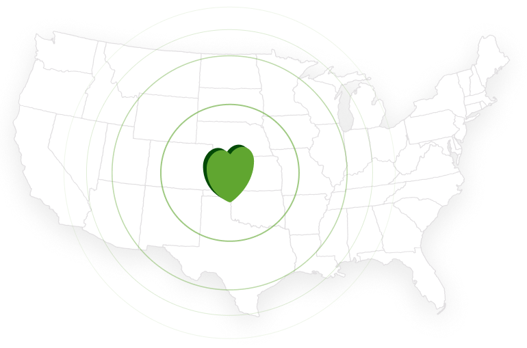 Map of the U.S. with a heart at the center, signal ripples fading outwards from the center.