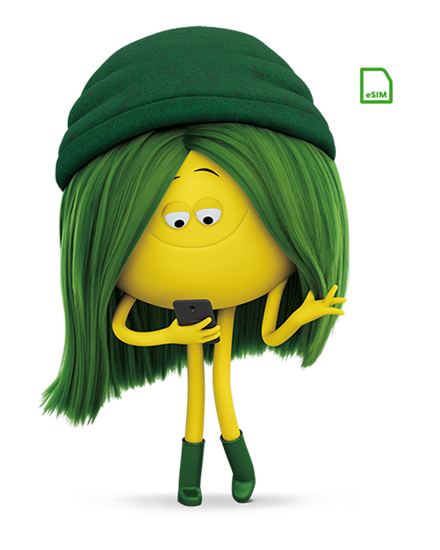 Lucy looks at her phone, speech bubble with an eSIM icon